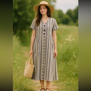 FLAX 100% Linen Striped Button Front Dress Small – Cottagecore Lagom Style